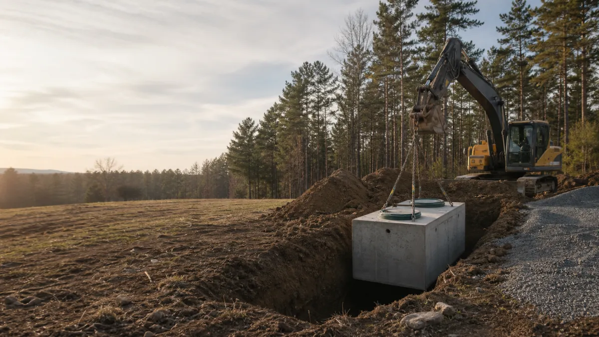 Concrete septic tank being placed in a rural building site trench for septic planning